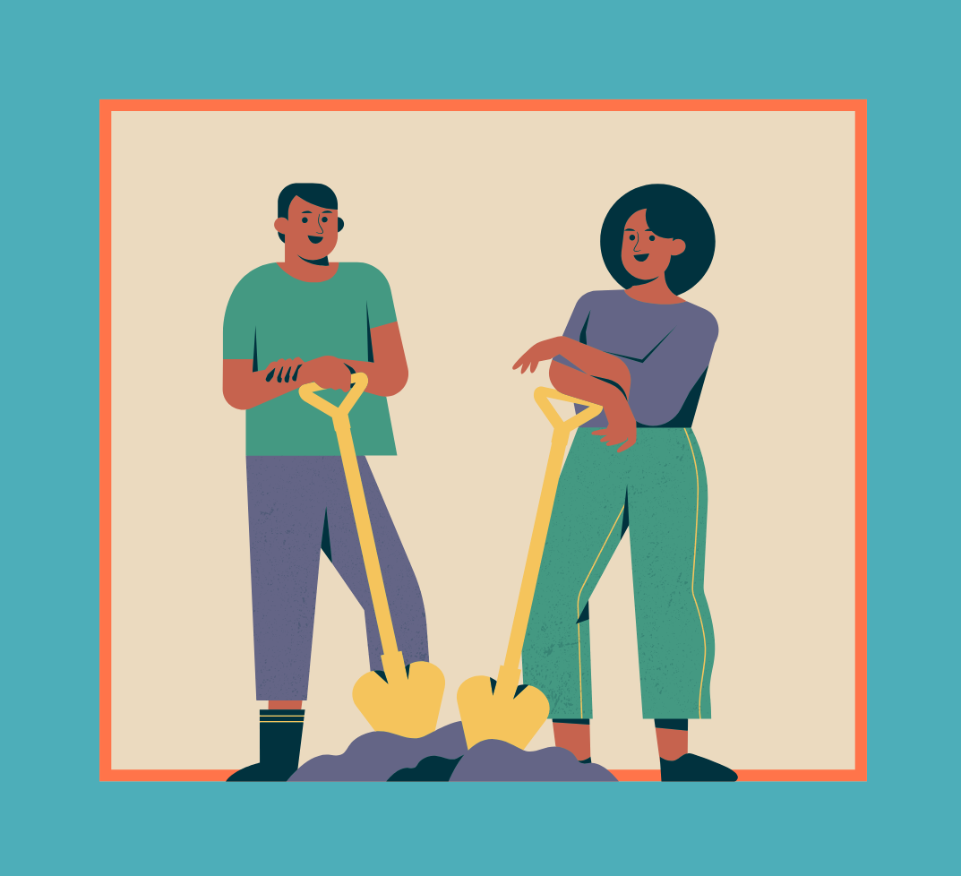 illustration of a man and woman standing with shovels