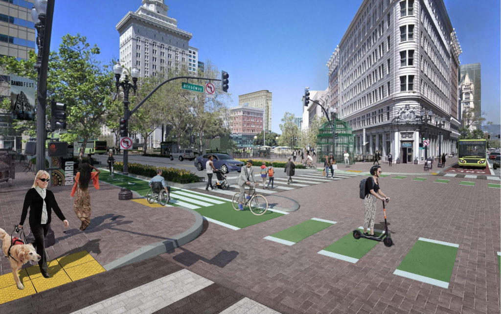 Illustration of 14th St protected bikeway concept in Downtown Oakland