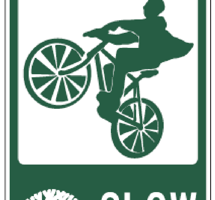 illustration silhouette of a person doing a wheelie on a bicycle - Oakland tree logo and the word "SLOW" below