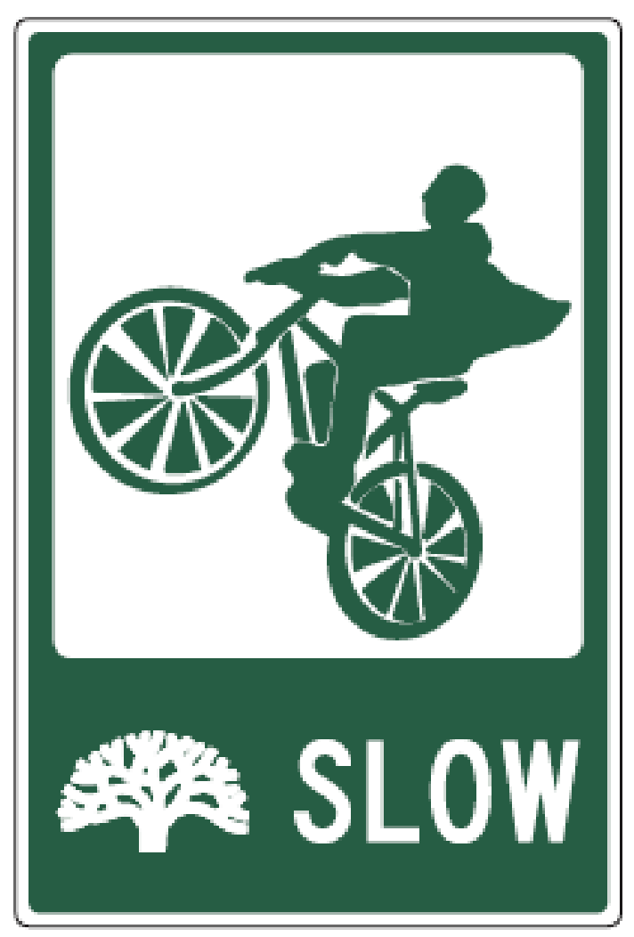 illustration silhouette of a person doing a wheelie on a bicycle - Oakland tree logo and the word "SLOW" below