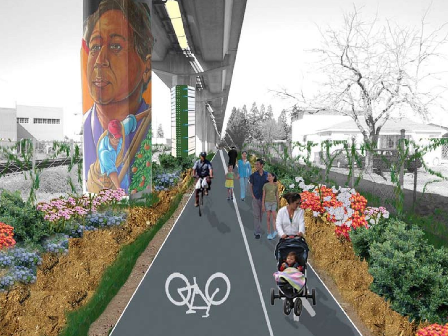 Illustration of a bicycle and pedestrian pathway under the elevated BART tracks, with murals painted on the concrete columns and adults and families walking and biking below