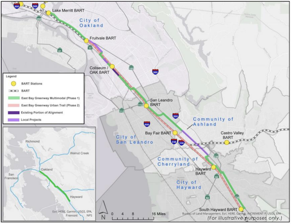 Map of East Bay Greenway alignment from Oakland to South Hayward