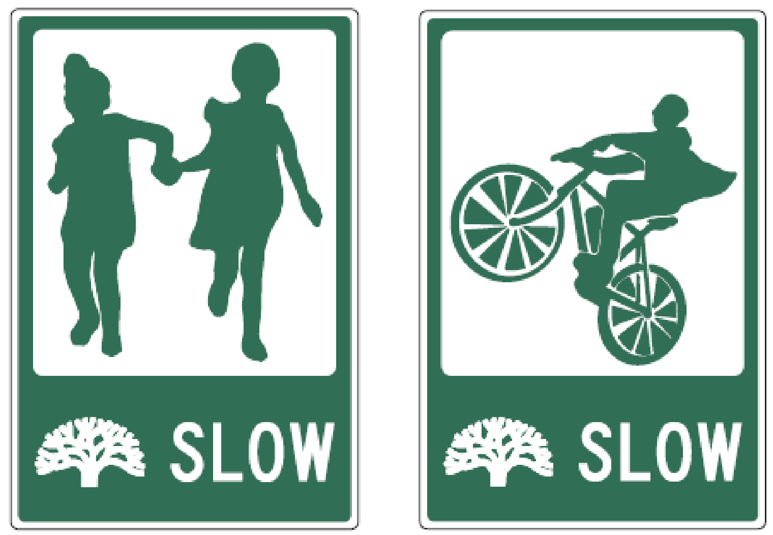 Illustration of two Oakland slow streets signs, one showing a silhouette of two children running and holding hands, and another showing the silhouette of a scraper bike rider doing a wheelie