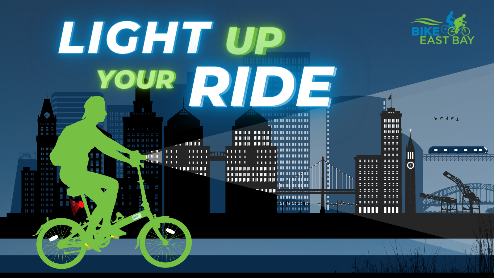 "Light up your ride" - Illustration of a bike rider silhouette against a city skyline at night - the bike headlight, rear light, and side reflectors shine in each direction