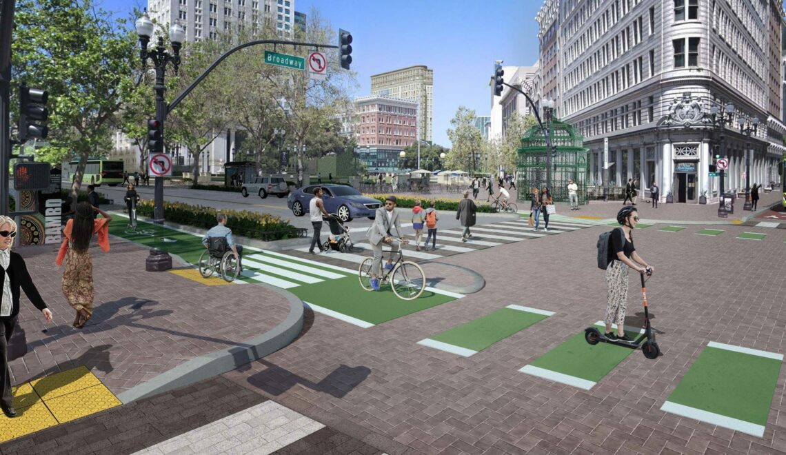 Concept art for Oakland's 14th St Downtown protected bikeway project showing people biking and scootering in concrete and planter protected bike lanes on 14th St at Broadway, along with people in a crosswalk on foot and in a wheelchair