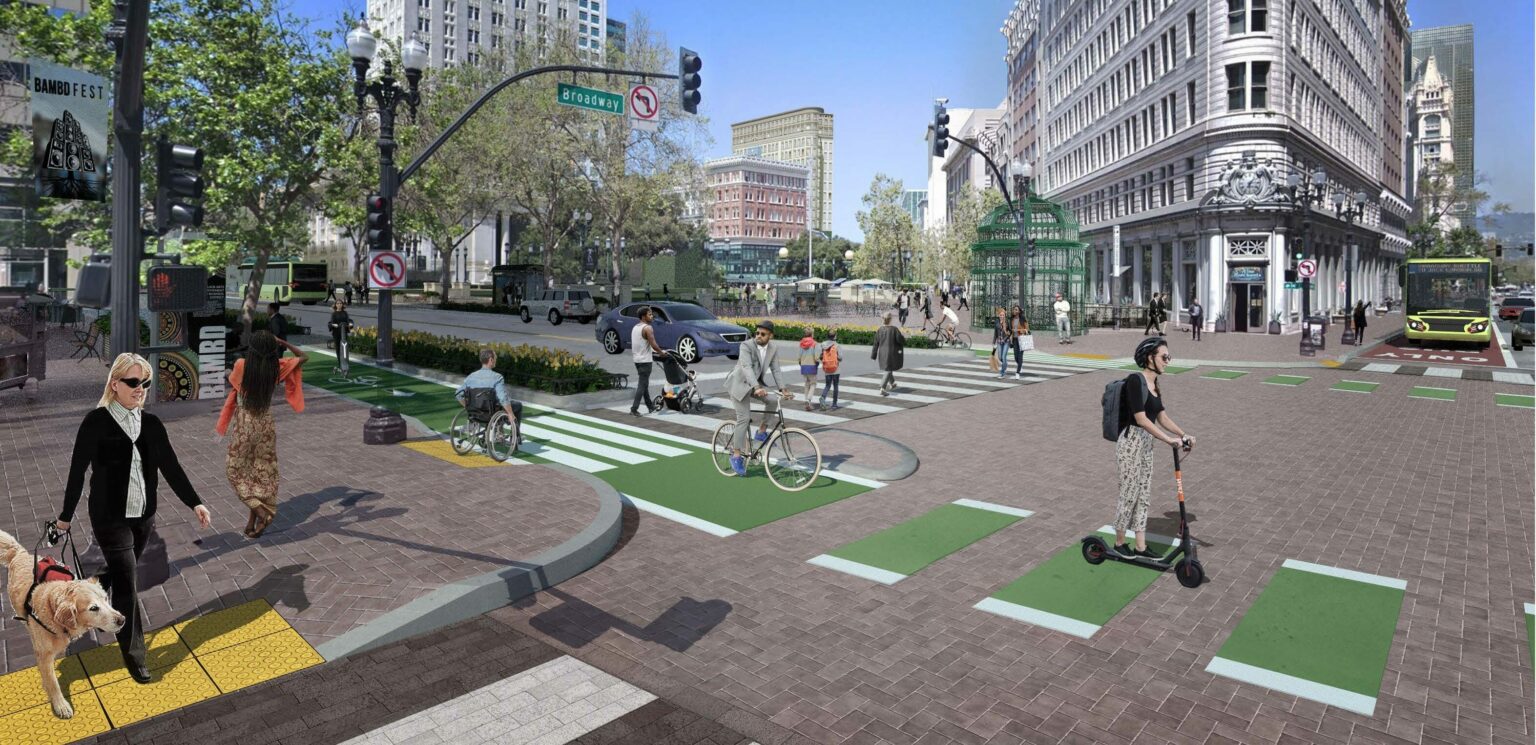 Concept art for Oakland's 14th St Downtown protected bikeway project showing people biking and scootering in concrete and planter protected bike lanes on 14th St at Broadway, along with people in a crosswalk on foot and in a wheelchair