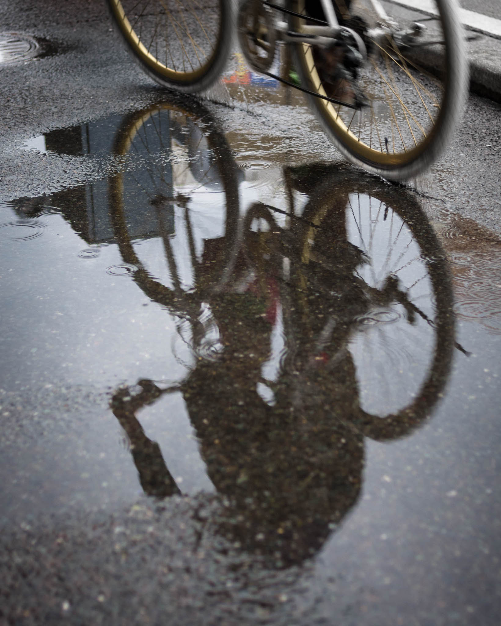 Riding a bike store in the rain