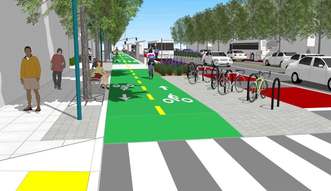 Illustration of a 2-way protected bikeway on one side of a street, red bus lanes along concrete bus boarding islands, and car travel lanes in the center along planted medians