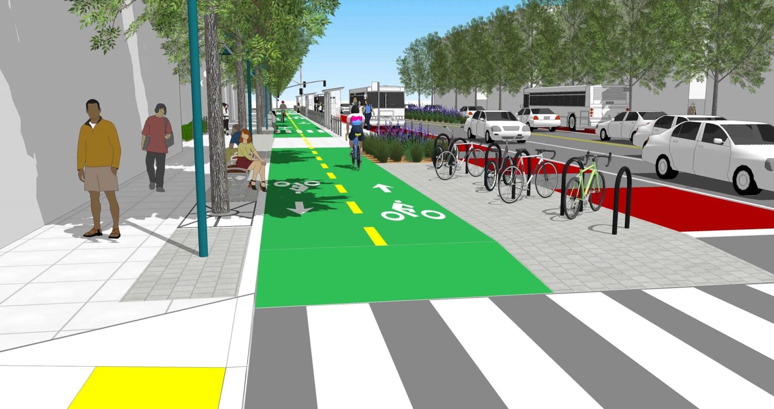 Illustration of a 2-way protected bikeway on one side of a street, red bus lanes along concrete bus boarding islands, and car travel lanes in the center along planted medians