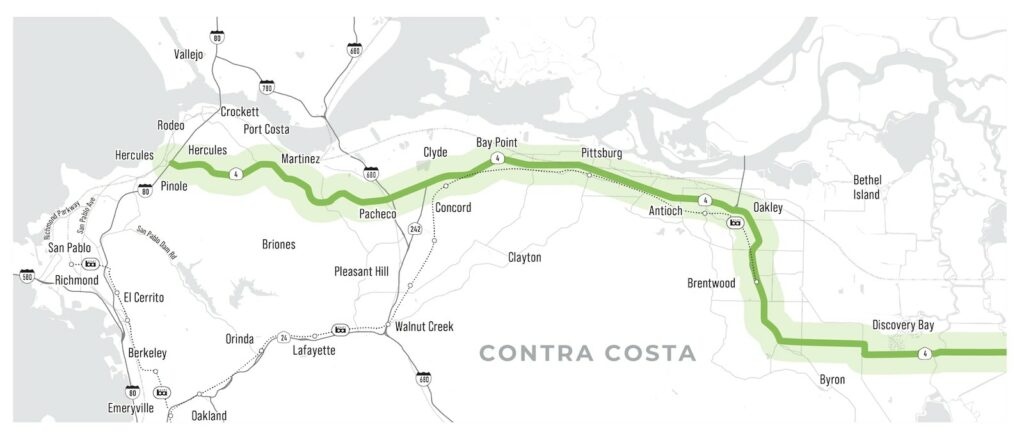 Overhead view map of State Route 4 freeway across Contra Costa County from Hercules to Discovery Bay