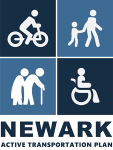 "Newark Active Transportation Plan 2023" Silhouettes of a person bicycling, a child and adult walking while holding hands, two people walking while using a cane, and one person in a wheelchair