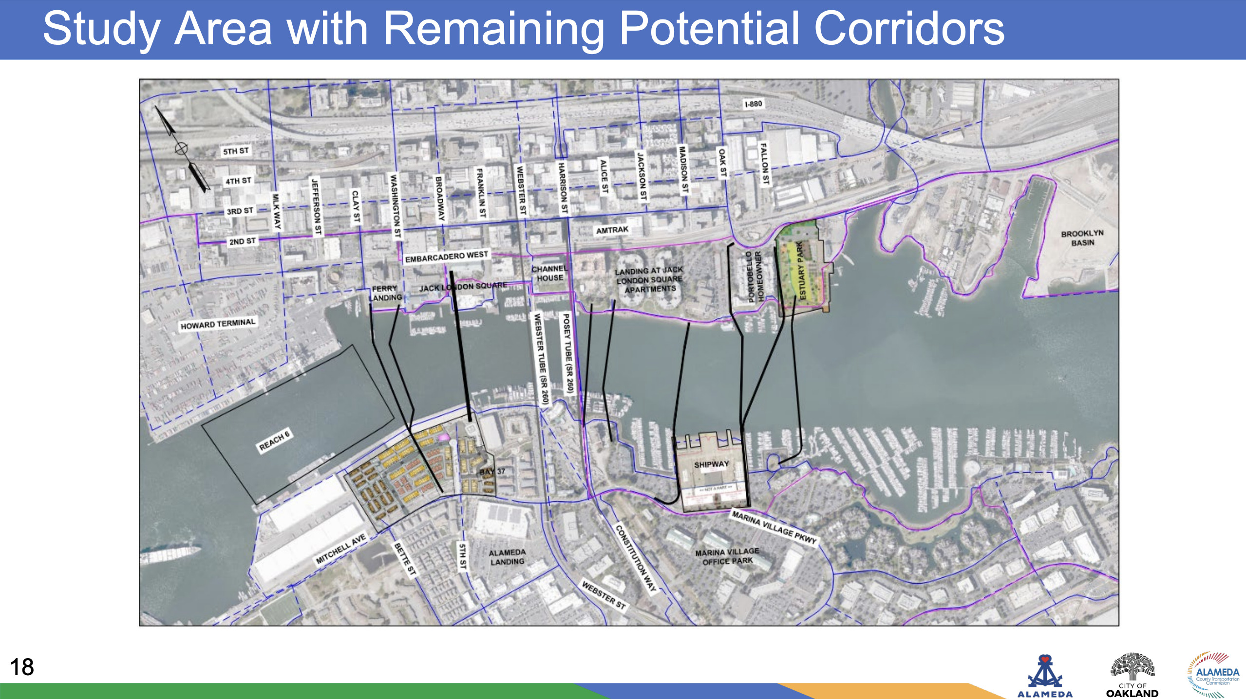 Overhead map of Oakland-Alameda estuary showing 9 possible bridge alignment locations