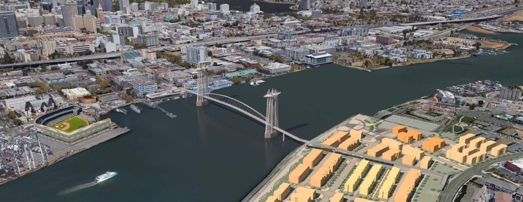 Concept illustration of a proposed Oakland-Alameda Estuary bike/walk bridge between Jack London Square and the west side of Alameda
