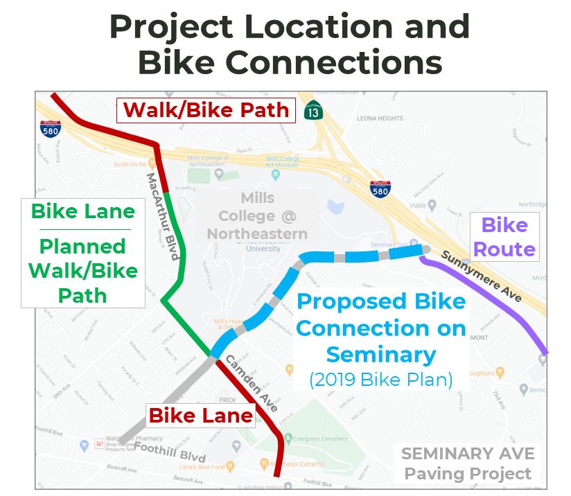 Map of Seminary Ave in Oakland showing a line from Foothill Blvd to Sunnymere Ave "Project location and bike connections - Proposed bike connection on seminary (2019 bike plan)"