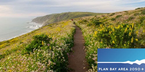 "Plan Bay Area 2050+", photo of a dirt trail along a hillside, next to the ocean