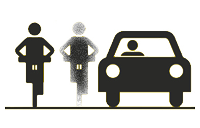 Illustration of a bicycle rider silhouette alongside a parked car, with an "invisible friend" amount of space between them and the car