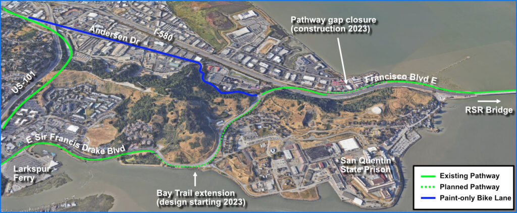 satellite map image of San Rafael west of the Richmond-San Rafael ridge showing future bike/walk project alignments