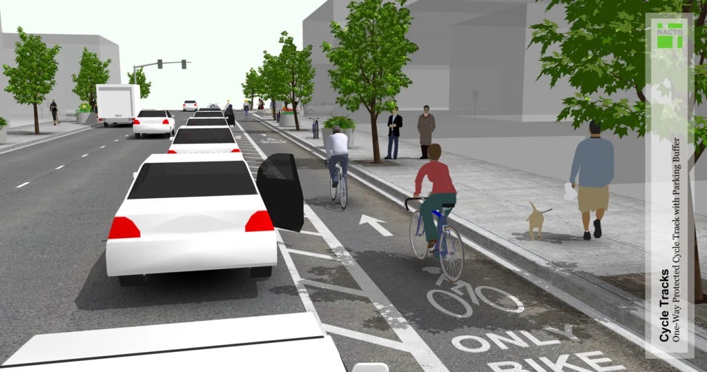 Illustration of a curbside protected bike lane to the left of a car parking aisle, showing a parked car with an open passenger side door into a striped buffer zone not into the bikeway