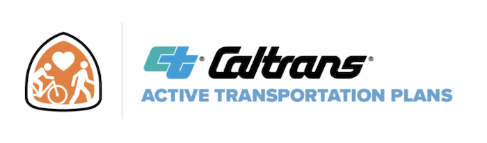 "Caltrans active transportation plans" Icon of a pedestrian and bike rider with a heart shape