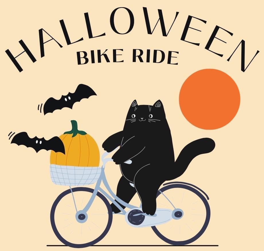 "Halloween Bike Ride" Illustration of a black cat riding a bike with a pumpkin in the front basket and bats flying ahead