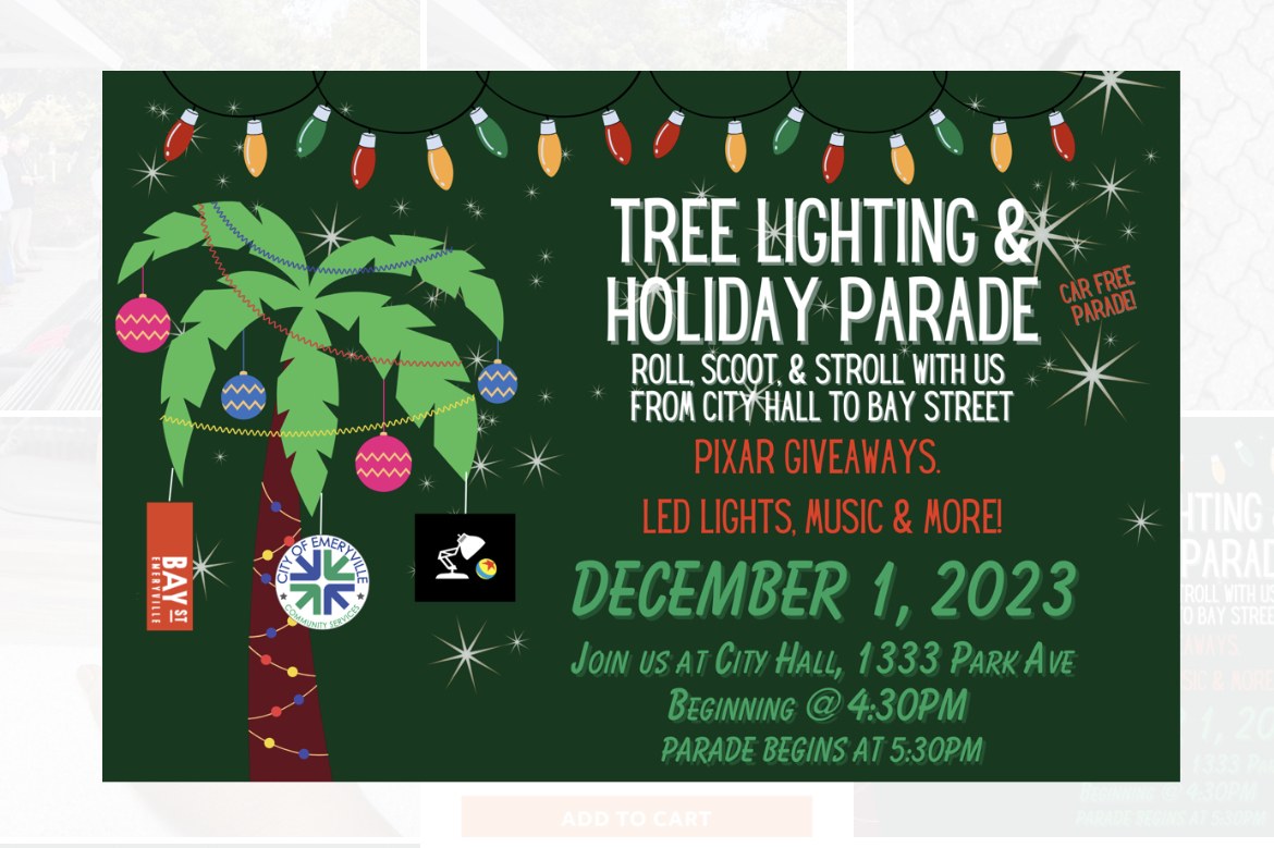 "TREE LIGHTING & HOLIDAY PARADE ROLL SCOOT. & STROLL WITH US FROM CITY HALL TO BAY STREET CAR FREE PARADE PIXAR GIVEAWAYS. LED LIGHTS, MUSIC & MORE! DECEMBER 1, 2023 JOIN US AT CITY HALL, 1333 PARK AVE BEGINNING @ 4:30PM PARADE BEGINS AT 5:30PM"