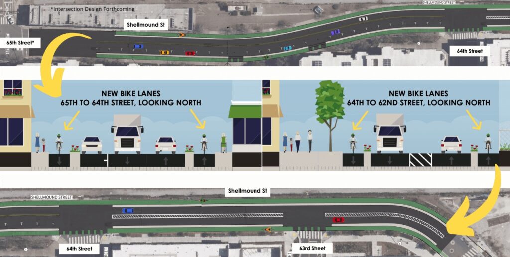 Illustration of proposed protected bikeway on Shellmound St from 65th St to 62nd St in Emeryville