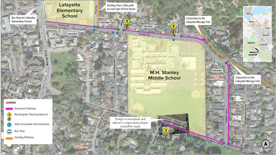 Overhead map project concept image showing new bike/walk pathways along School St, Topper Ln, and St Mary's Rd in Lafayette, as well as flashing beacon pedestrian crossings around Stanley MS and Lafayette Elementary