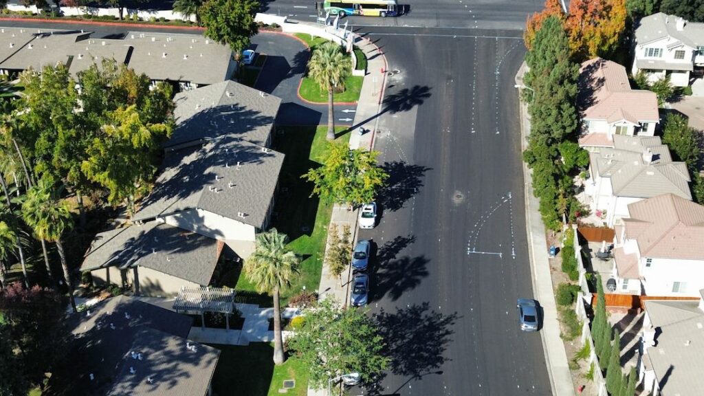 Overhead view photo of protected bikeway construction on Murdell Ln in Livermore
