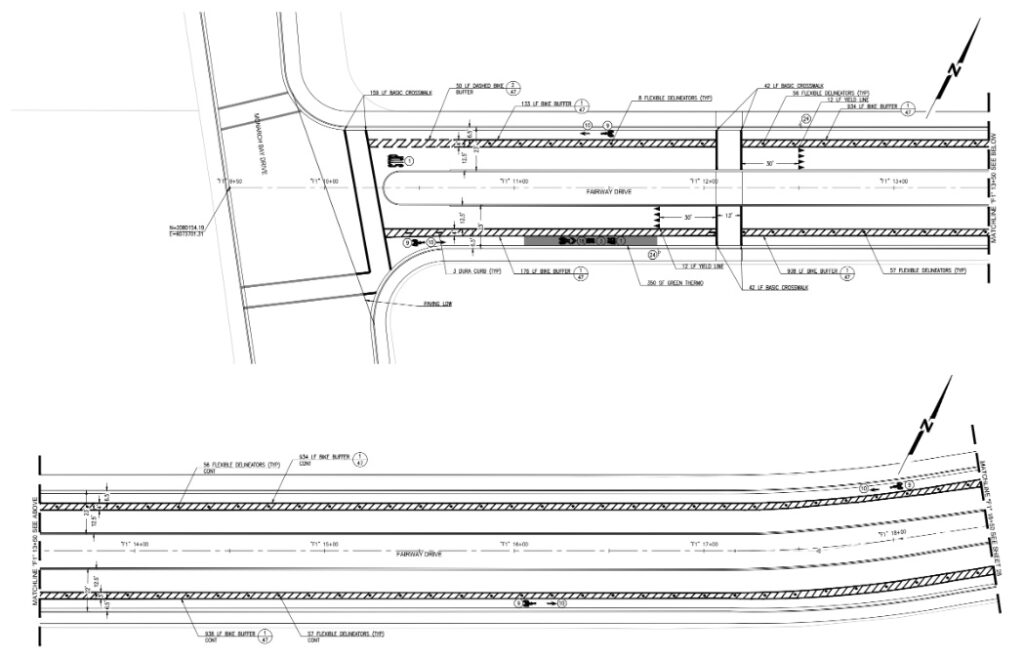 Overhead view construction plan drawing of protected bikeway on Fairway Dr in San Leandro