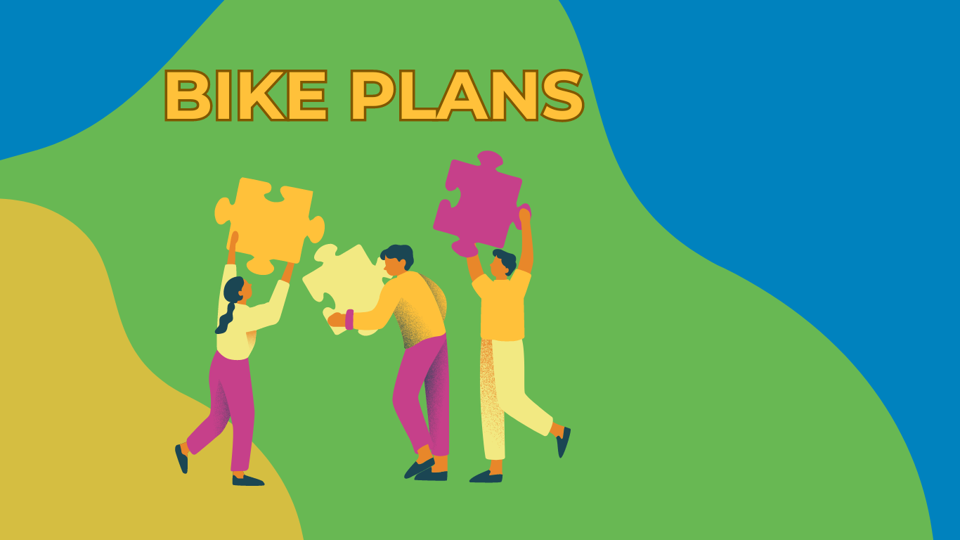 Stylized illustration of people carrying large puzzle pieces; Text: "Bike Plans"