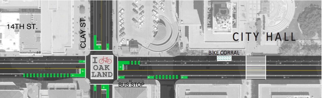 overhead view concept plan for a buffered bicycle lane on 14th St in Downtown Oakland