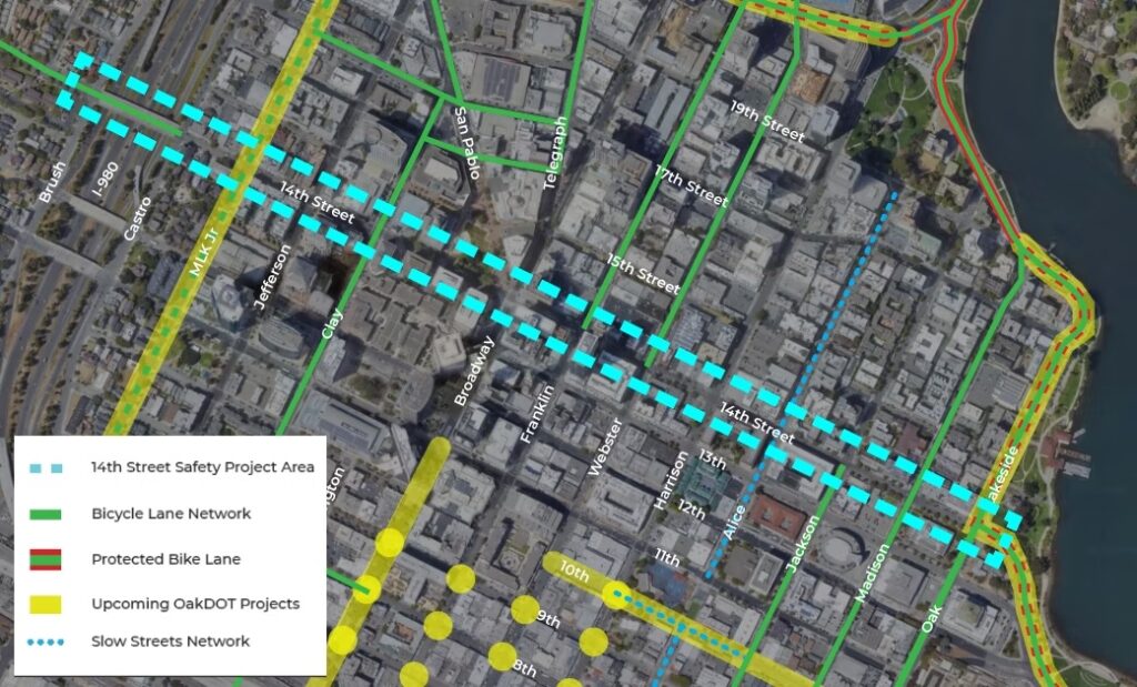 Map of Oakland's 14th Street protected bikeway project area from the 980 freeway to Lake Merritt