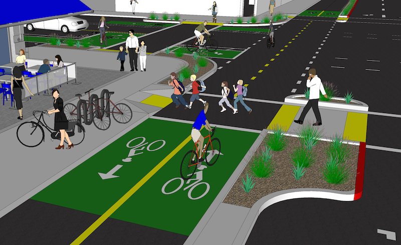 Concept art rendering of a 2-way protected cycletrack in West Oakland