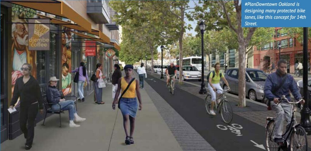 concept art for a sidewalk level protected bikeway on 14th Street as part of Oakland's Downtown Plan