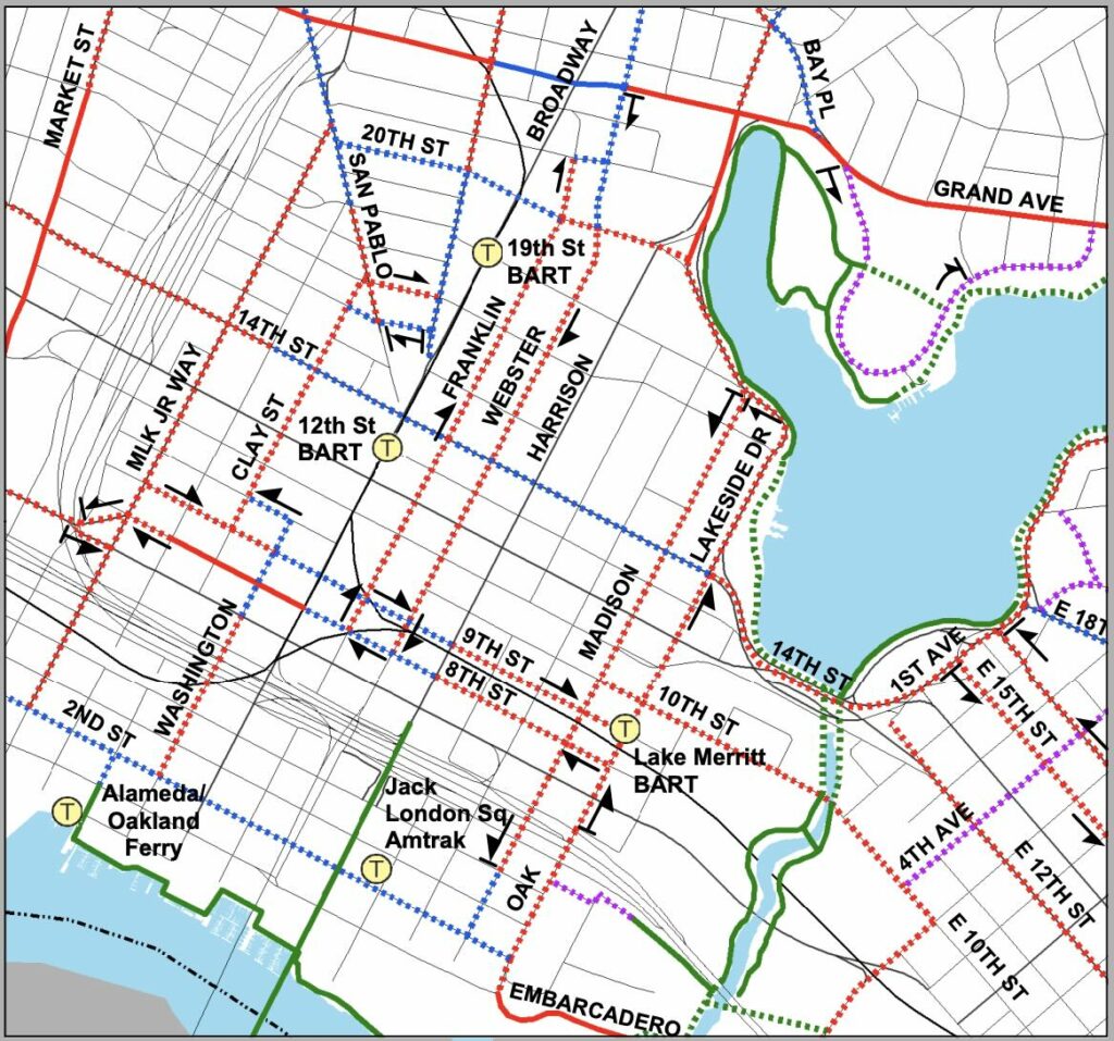 Map of the proposed Downtown bicycle network from Oakland's 2007 bike plan.