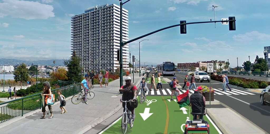 Concept illustration of 2-way protected cycletrack on Lake Merritt Blvd along the south end of Lake Merritt