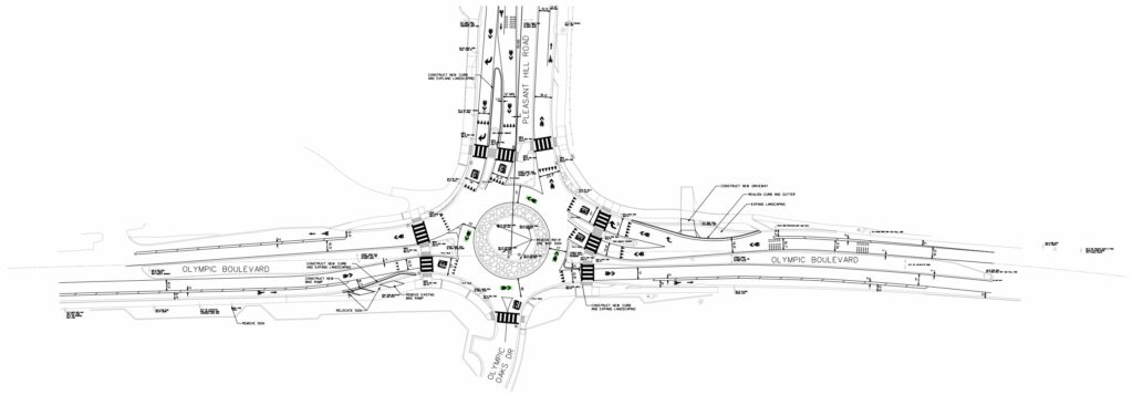 Top down plan view of the revised roundabout design for Pleasant Hill Rd and Olympic Blvd, Lafayette