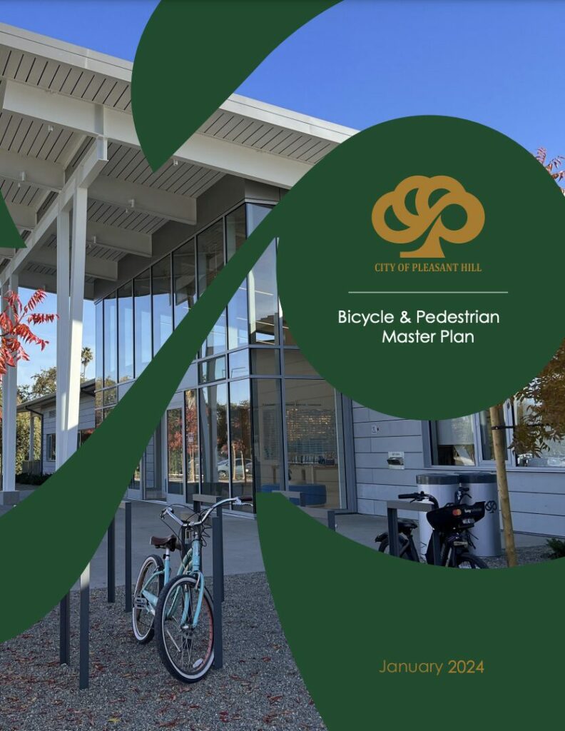 Cover page of the City of Pleasant Hill Bicycle and Pedestrian Plan, January 2024 - Photo of a bicycle locked to a bike rack outside a modern building