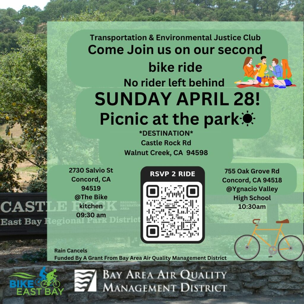 Flyer for the Transportation & Environmental Justice High School Club Bike Ride taking place in Concord, April 28th starting at 9:30AM at The Bike Kitchen
