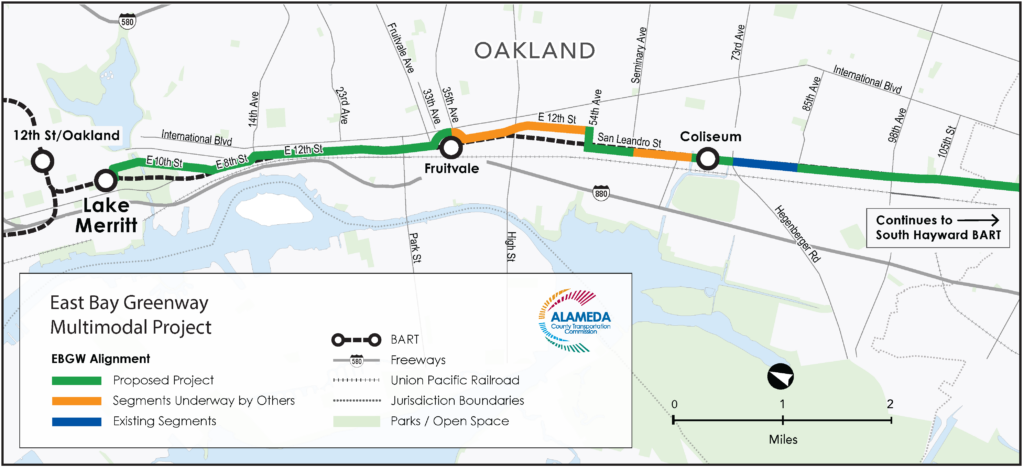 map of the East Bay Greenway alignment through Oakland
