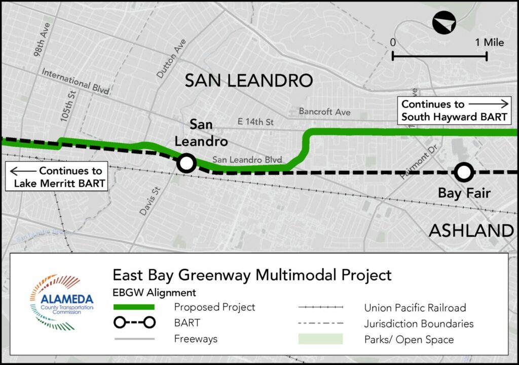 map of the East Bay Greenway alignment through San Leandro