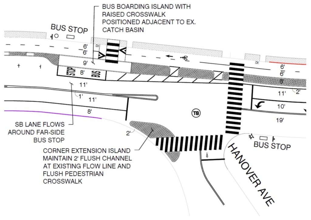 Top down plan drawing of the Lakeshore and Hanover intersection at Lake Merritt in Oakland, showing a 2-way cycletrack along the lake side and a floating bus boarding island connected across the cycletrack to the sidewalk via a pedestrian crossing.