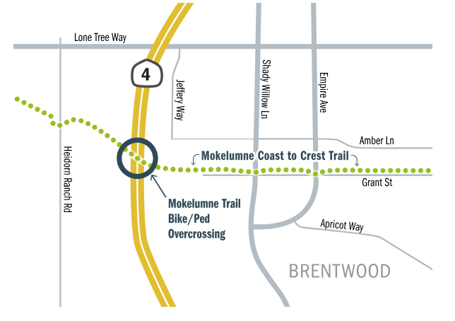 map of the Mokelumne Trail showing the crossing location at Hwy 4