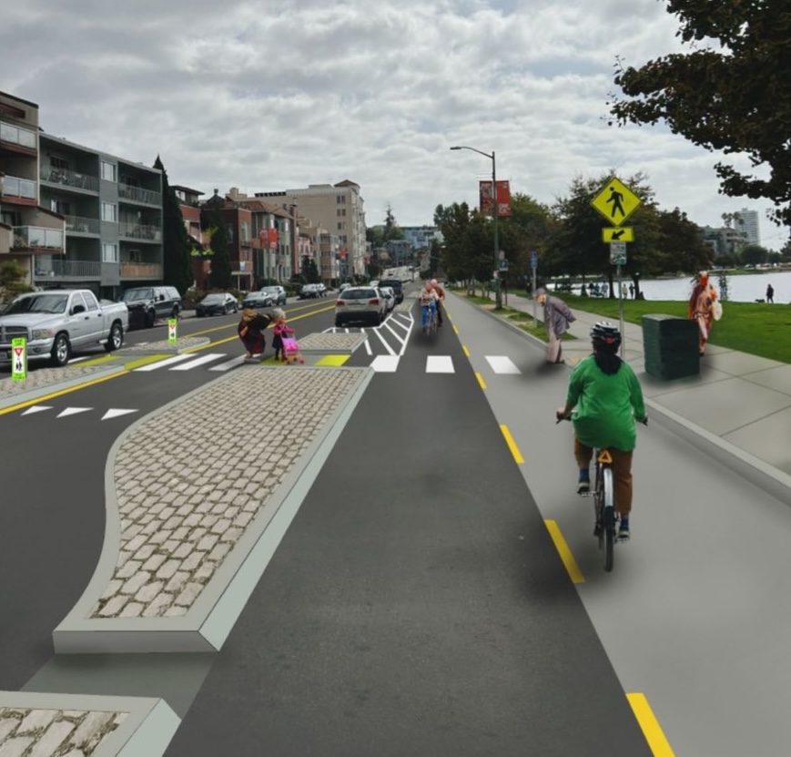 concept illustration of 2-way curb separated cycletrack along Lakeshore Ave by Lake Merritt in Oakland