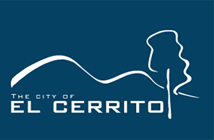 Dark blue background with the logo of the city of El Cerrito in white. The logo depicts two hills on the left and a tree to the right. There's text that reads: The City of El Cerrito.
