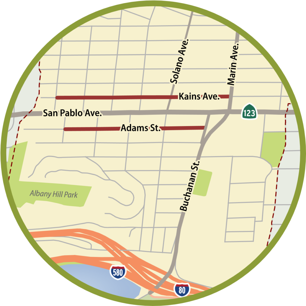 Map of Albany's Kains and Adams bikeway segments