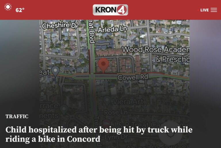 KRON 4 news article screenshot "Child hospitalized after being hit by truck while riding a bike in Concord"