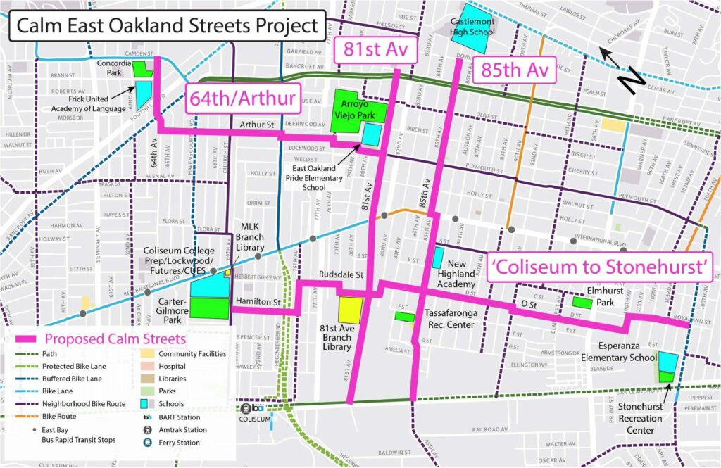 map of Calm East Oakland Streets project focus corridors