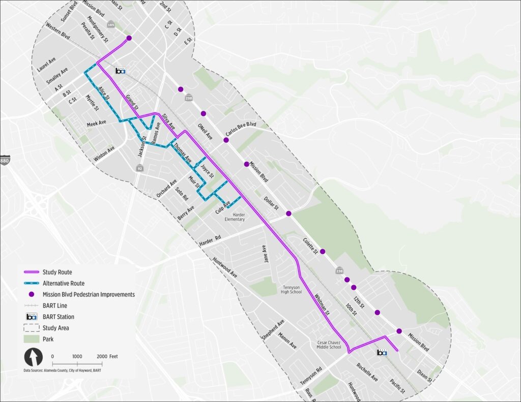 map of proposed East Bay Greenway alignment through Hayward on Grand St, Silvia Ave, and Whitman St
