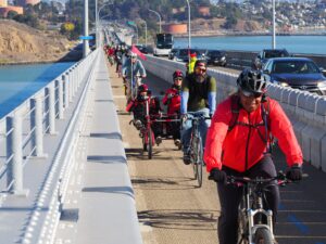 Photo of a group of bike riders on the Richmond-San Rafael Bridge (RSR Bridge) Trail